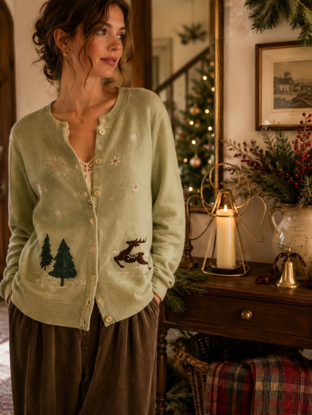 Vintage Shenanigans Cardigan with Reindeer and Tree Design Y2K